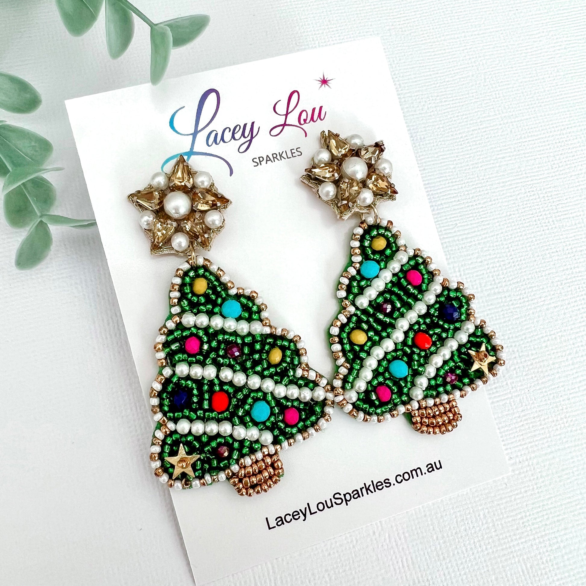 Green Beaded Christmas Tree Earrings - Lacey Lou Sparkles