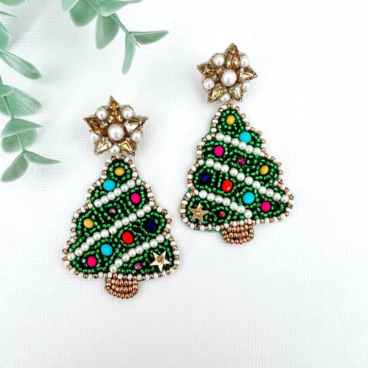 Green Beaded Christmas Tree Earrings - Lacey Lou Sparkles