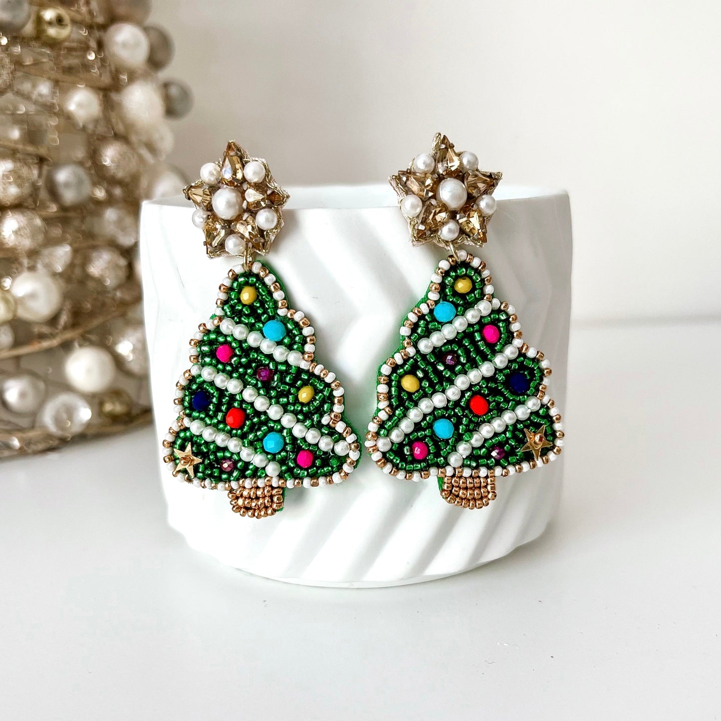 Green Beaded Christmas Tree Earrings - Lacey Lou Sparkles