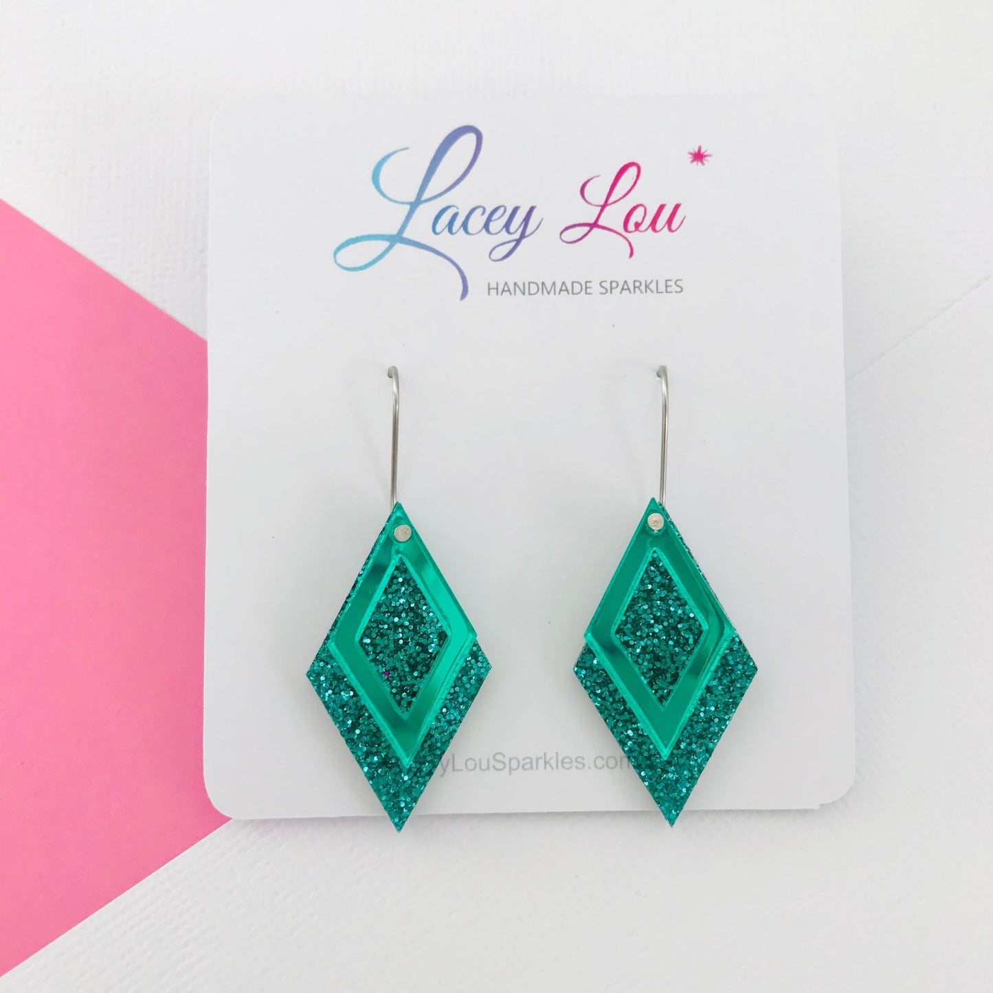 Green Diamond Dangle Acrylic Earrings - Lacey Lou Sparkles