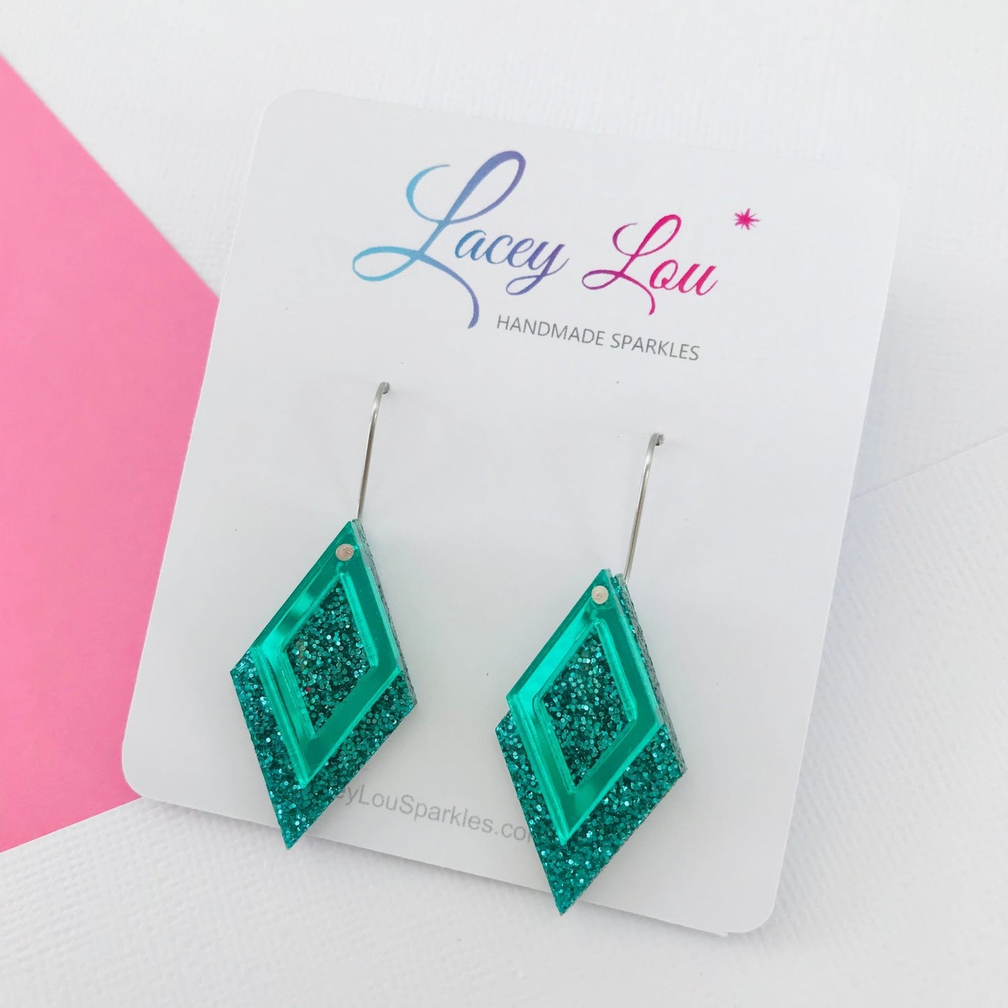 Green Diamond Dangle Acrylic Earrings - Lacey Lou Sparkles