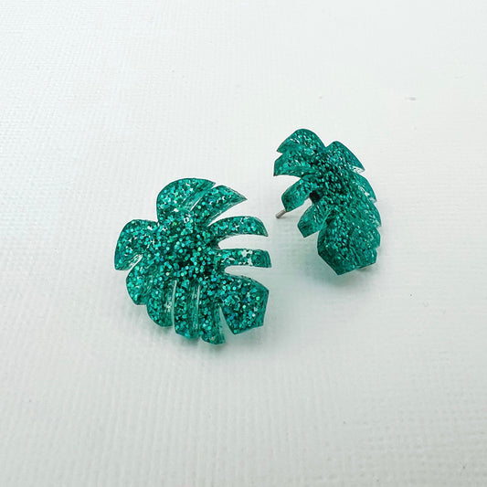 Green Glitter Monstera Acrylic Studs - Lacey Lou Sparkles