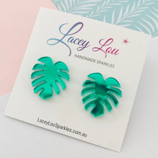 Green Monstera Studs - Lacey Lou Sparkles