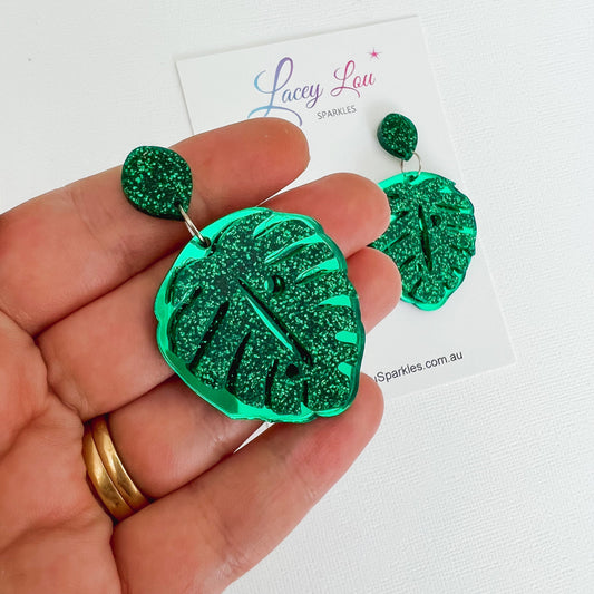 Green Two Tone Monstera Statement Acrylic Dangle Earrings - Lacey Lou Sparkles