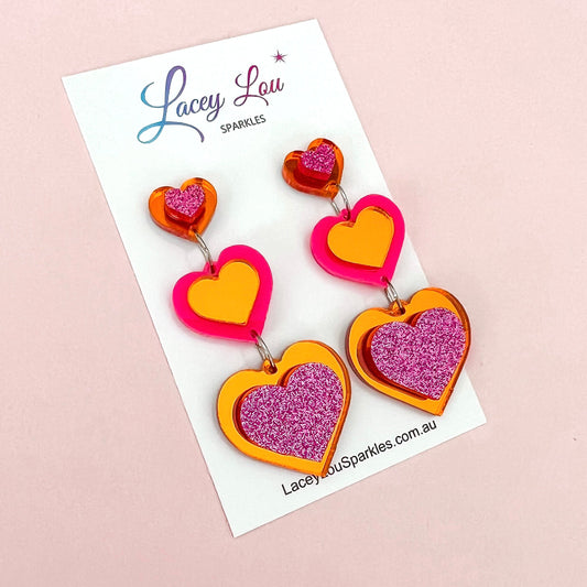 Hot Pink & Orange Heart Statement Acrylic Dangles - Lacey Lou Sparkles