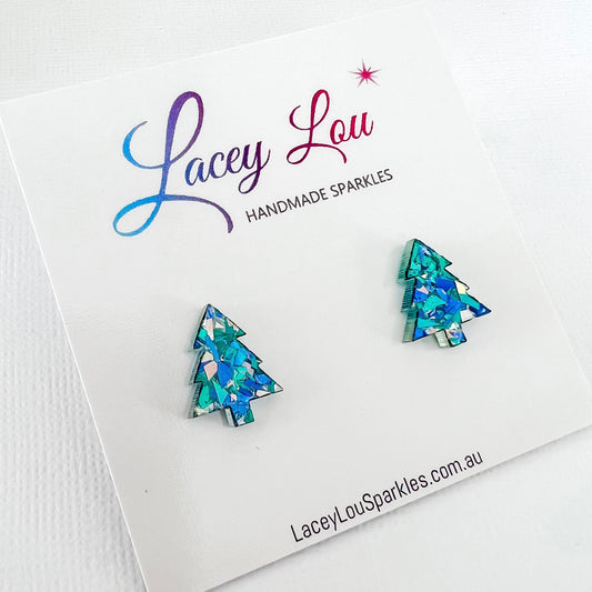 Christmas Tree Stud Earrings - Ice Blue Glitter