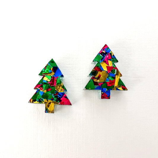 Christmas Tree Stud Earrings - Party Green Glitter