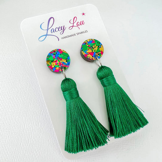Clip on Christmas Tassel Earrings - Green