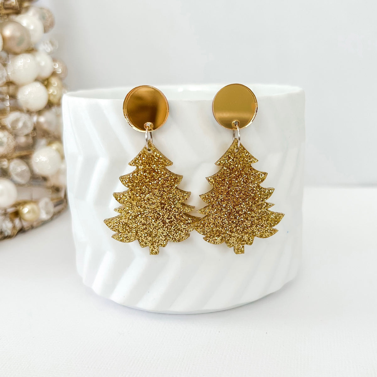 Clip on Christmas Tree Earrings - Gold Glitter