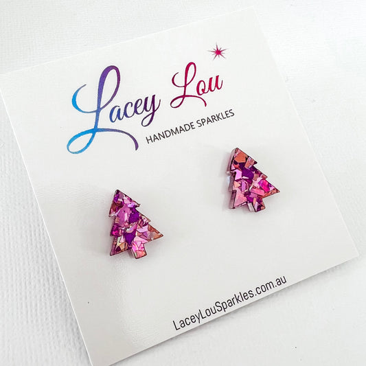 Christmas Tree Stud Earrings - Unicorn Pink Glitter