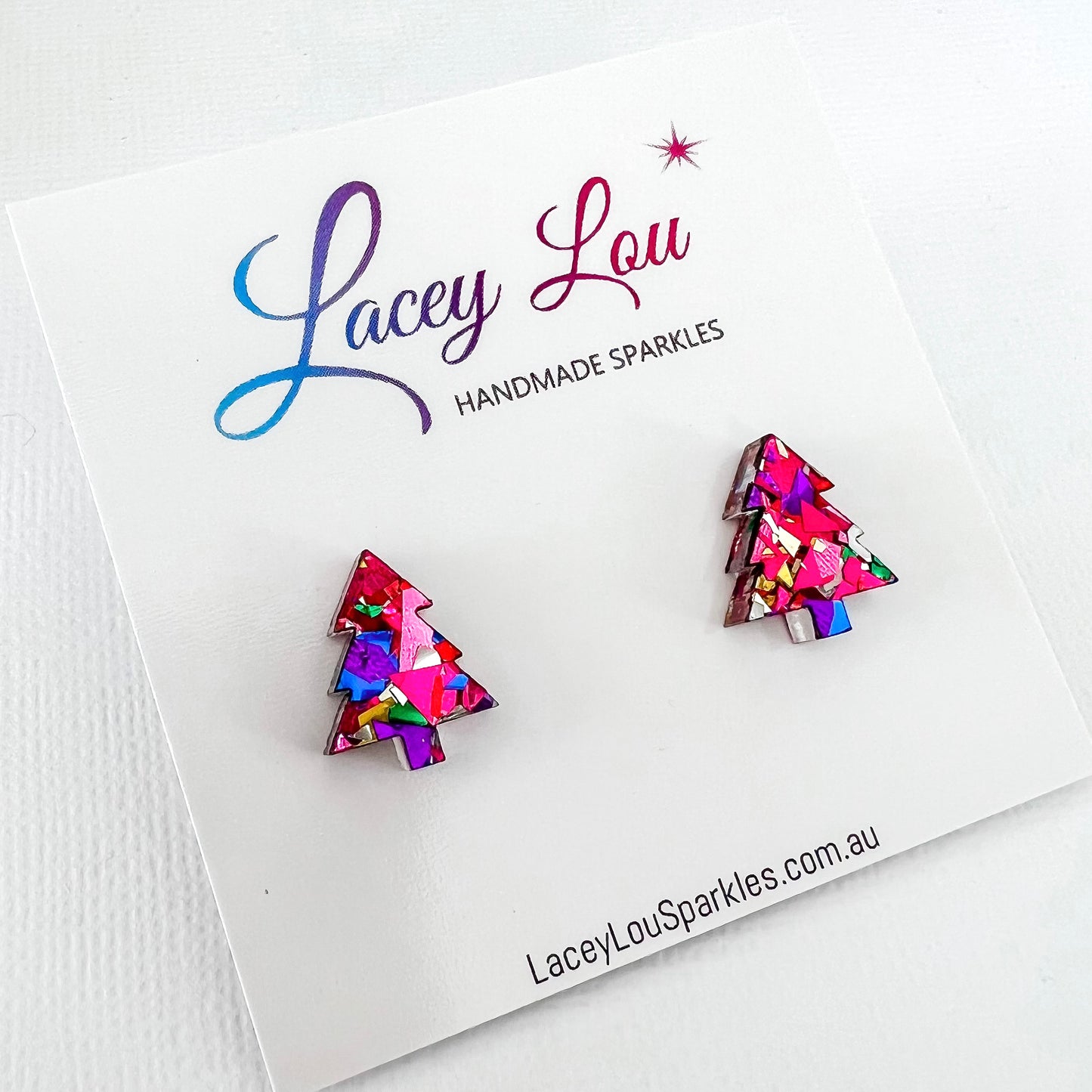 Christmas Tree Stud Earrings - Rainbow Glitter