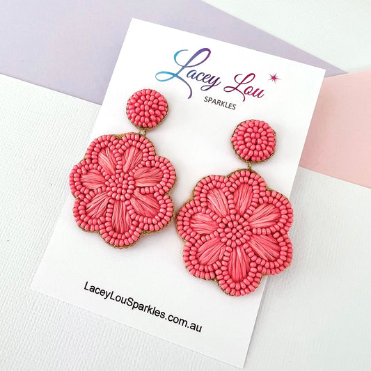 Beaded Flower Dangle Statement Earrings - Pink