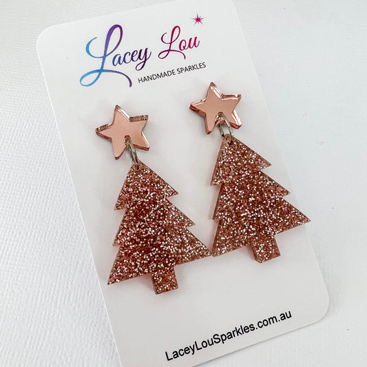 Medium Christmas Tree Dangle Earrings - Rose Gold Fine Glitter