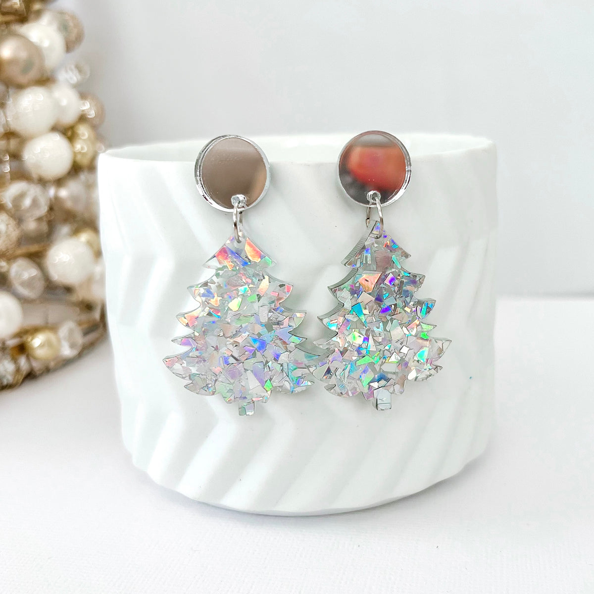 Clip on Christmas Tree Earrings - Silver Glitter