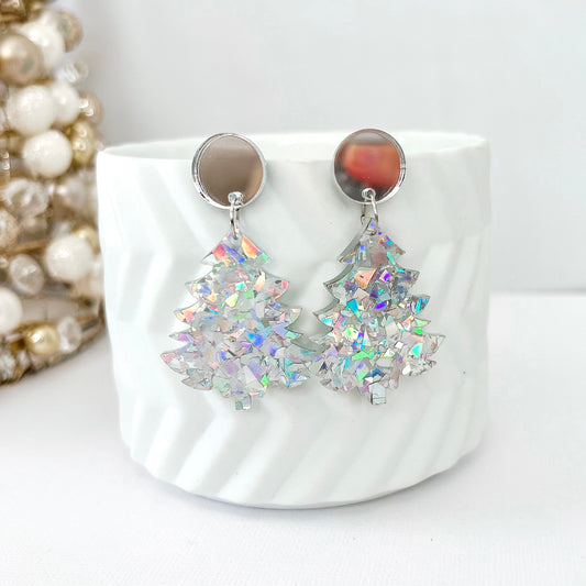 Clip on Christmas Tree Earrings - Silver Glitter