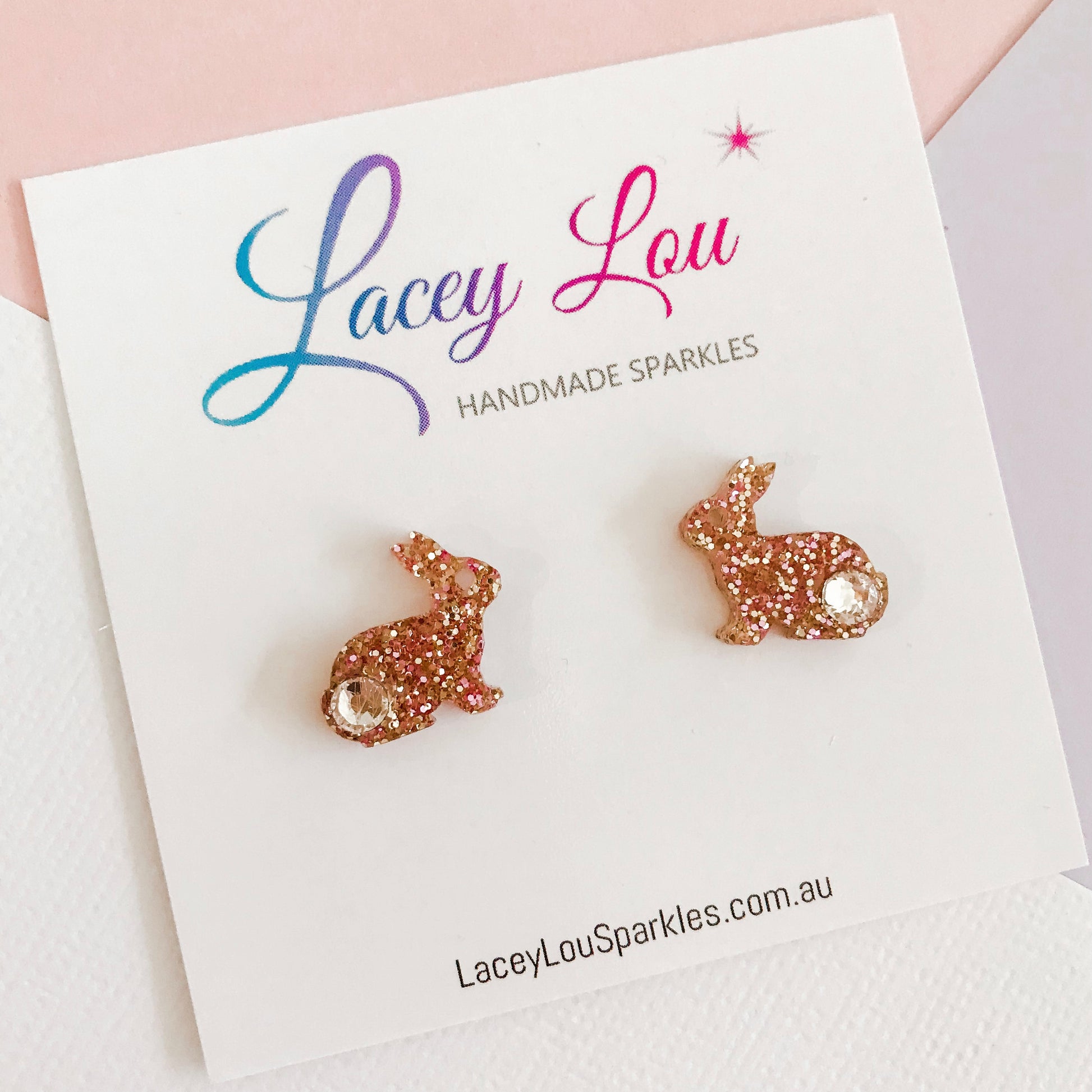 Small Easter Earrings - Easter Bunny Stud Earrings Rose Gold Glitter.