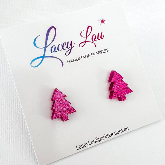 Christmas Tree Stud Earrings - Fuchsia Glitter