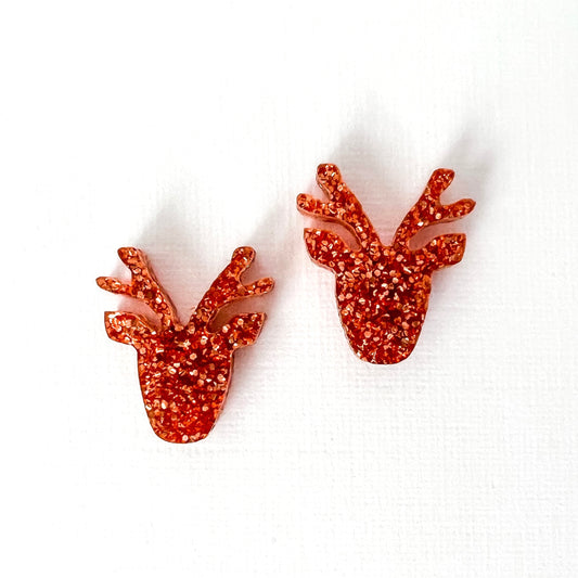 Christmas Reindeer Stud Earrings - Dark rose gold glitter