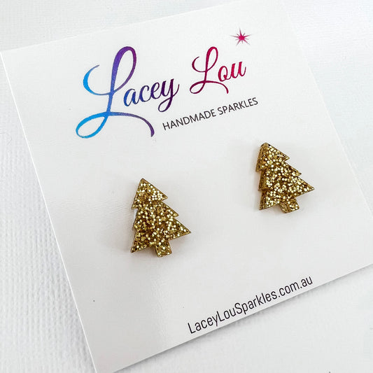 Christmas Tree Stud Earrings - Gold Fine Glitter