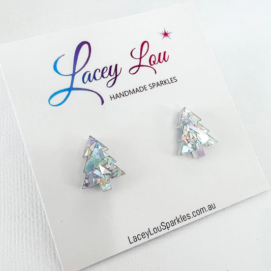 Christmas Tree Stud Earrings - Silver Shard Glitter