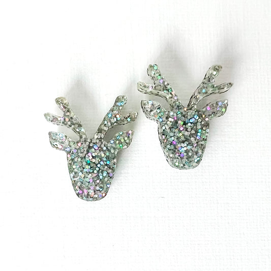 Christmas Reindeer Stud Earrings - Silver glitter