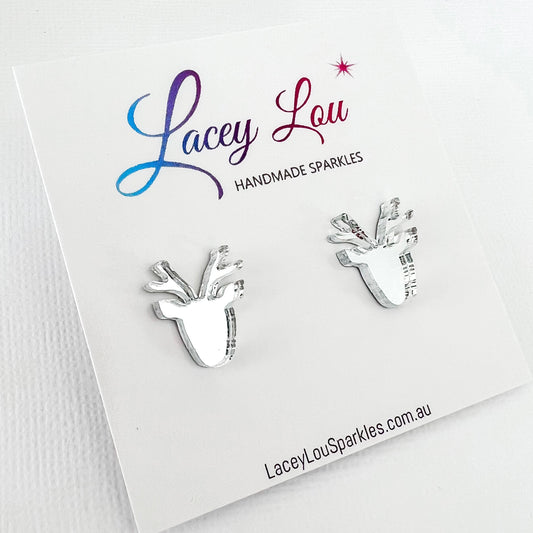 Christmas Reindeer Stud Earrings - Silver mirror