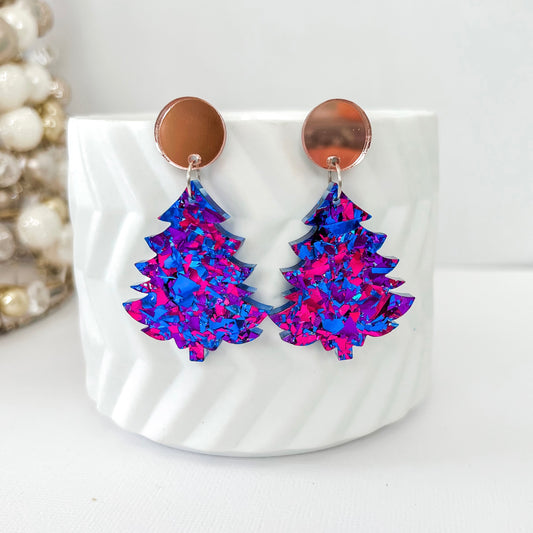 Clip on Christmas Tree Earrings - Midnight Blue Glitter