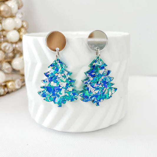 Clip on Christmas Tree Earrings - Ice Blue Glitter