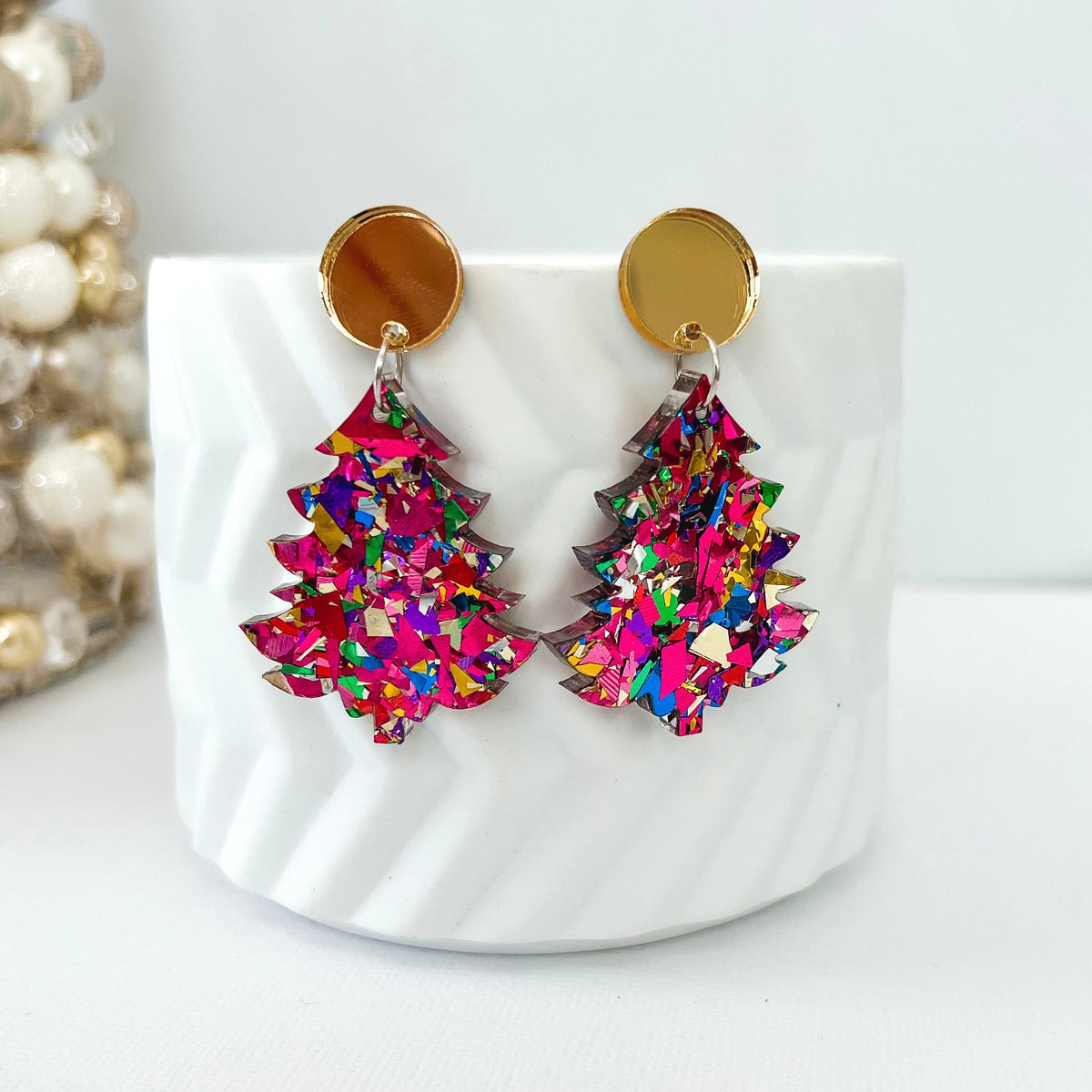 Clip on Christmas Tree Earrings - Rainbow Glitter