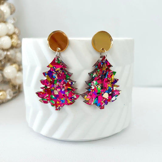 Clip on Christmas Tree Earrings - Rainbow Glitter