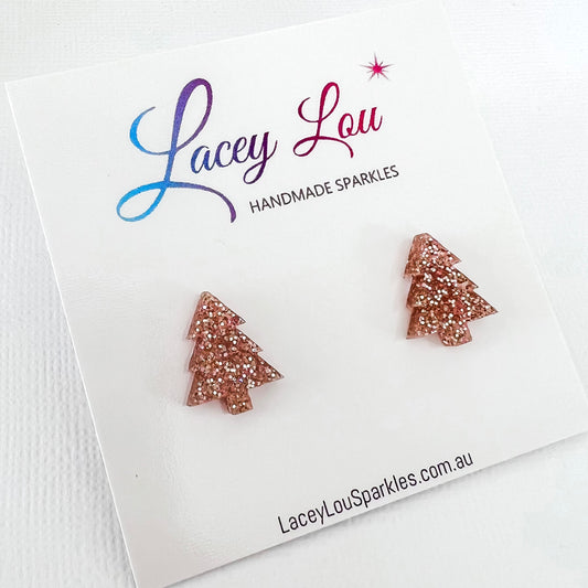 Christmas Tree Stud Earrings - Rose Gold Glitter