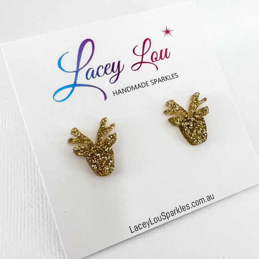 Christmas Reindeer Stud Earrings - Gold Glitter