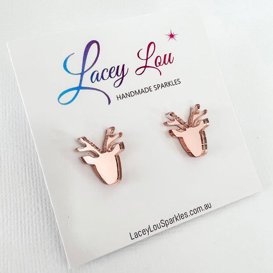 Christmas Reindeer Stud Earrings - Rose Gold mirror