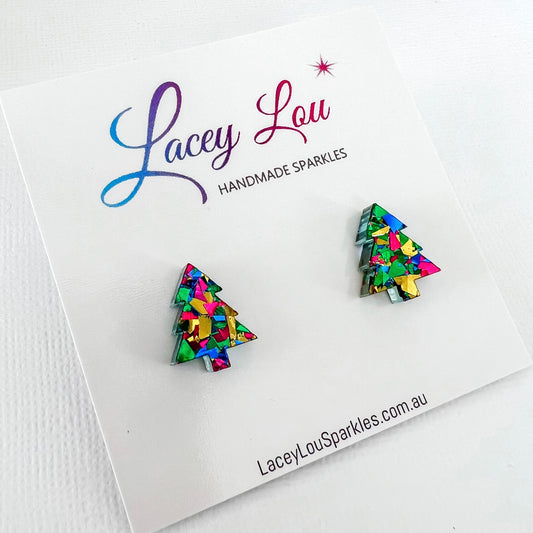 Christmas Tree Stud Earrings - Party Green Glitter