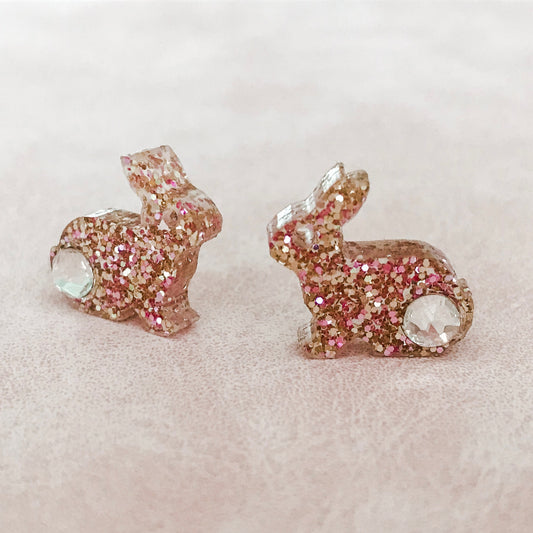 Small Easter Earrings - Easter Bunny Stud Earrings Rose Gold Glitter.