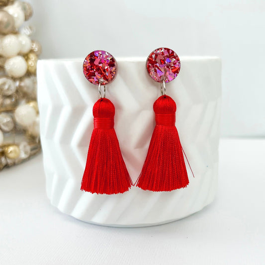 Clip on Christmas Tassel Earrings - Red