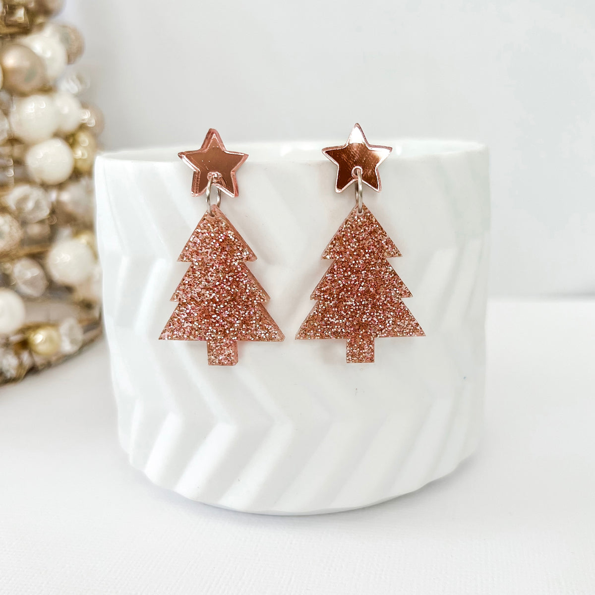 Medium Christmas Tree Dangle Earrings - Rose Gold Fine Glitter