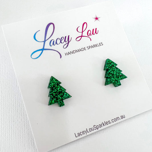 Christmas Tree Stud Earrings - Green Glitter