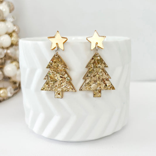 Medium Christmas Tree Dangle Earrings - Gold Chunky Glitter