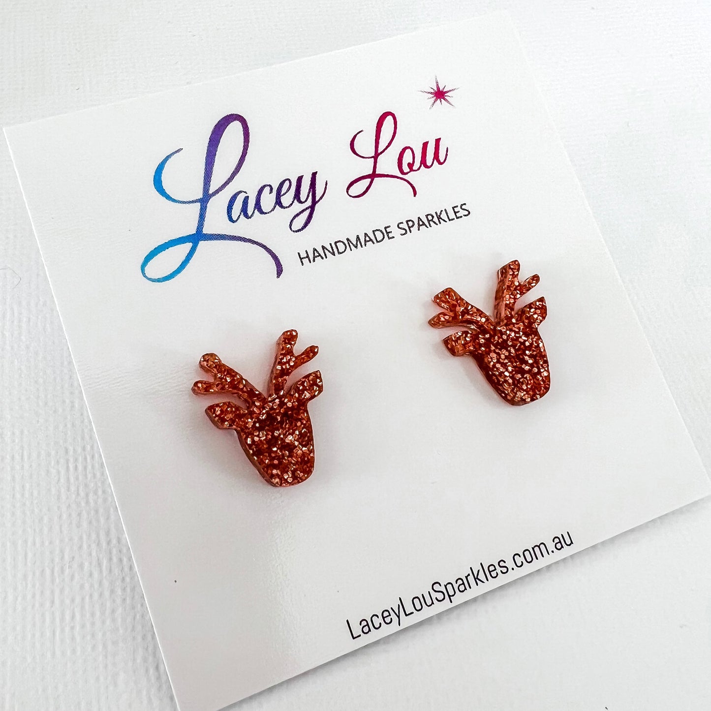 Christmas Reindeer Stud Earrings - Dark rose gold glitter