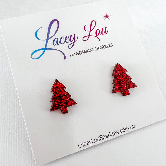 Christmas Tree Stud Earrings - Red Glitter