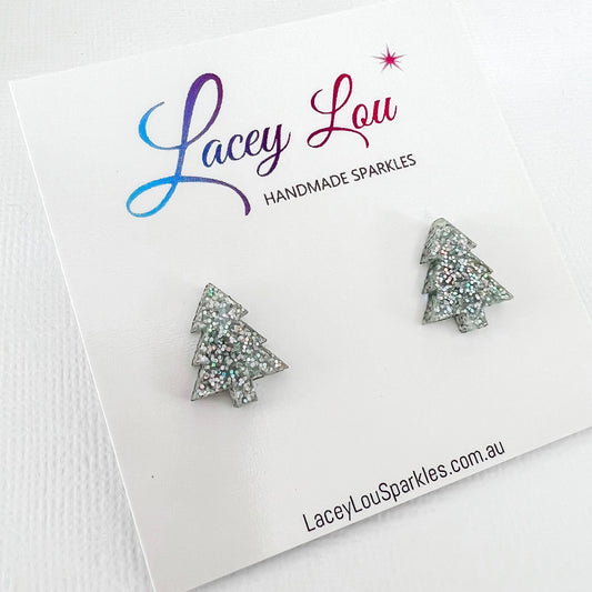 Christmas Tree Stud Earrings - Silver Fine Glitter