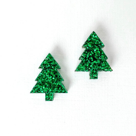 Christmas Tree Stud Earrings - Green Glitter