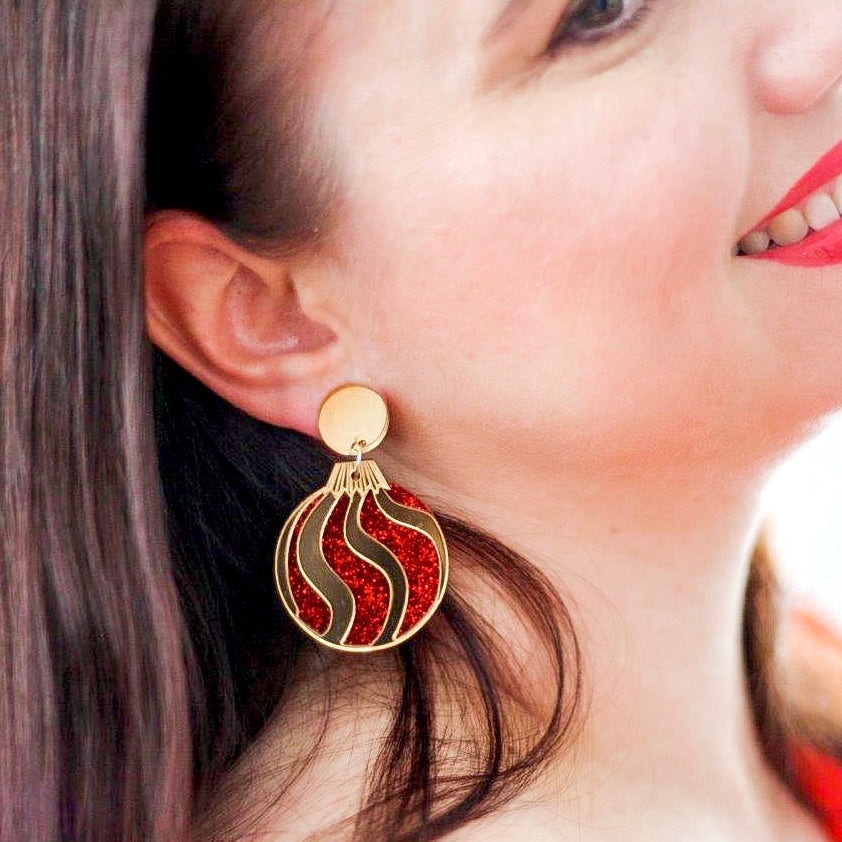 Clip on Christmas Bauble Earrings - Red Fine Glitter and Gold