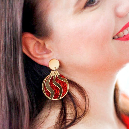 Clip on Christmas Bauble Earrings - Red Fine Glitter and Gold