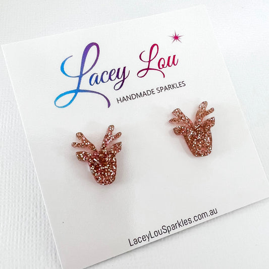 Christmas Reindeer Stud Earrings - Rose Gold glitter