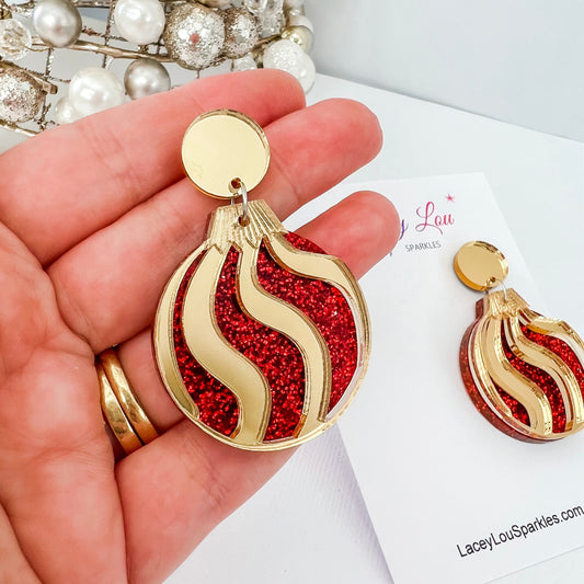 Clip on Christmas Bauble Earrings - Red Fine Glitter and Gold