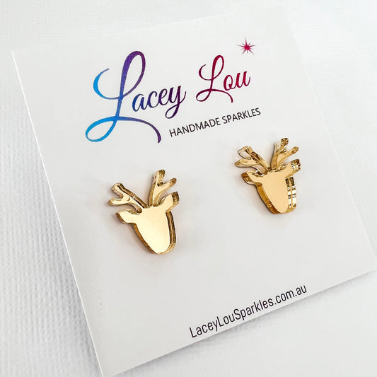 Christmas Reindeer Stud Earrings - Gold mirror