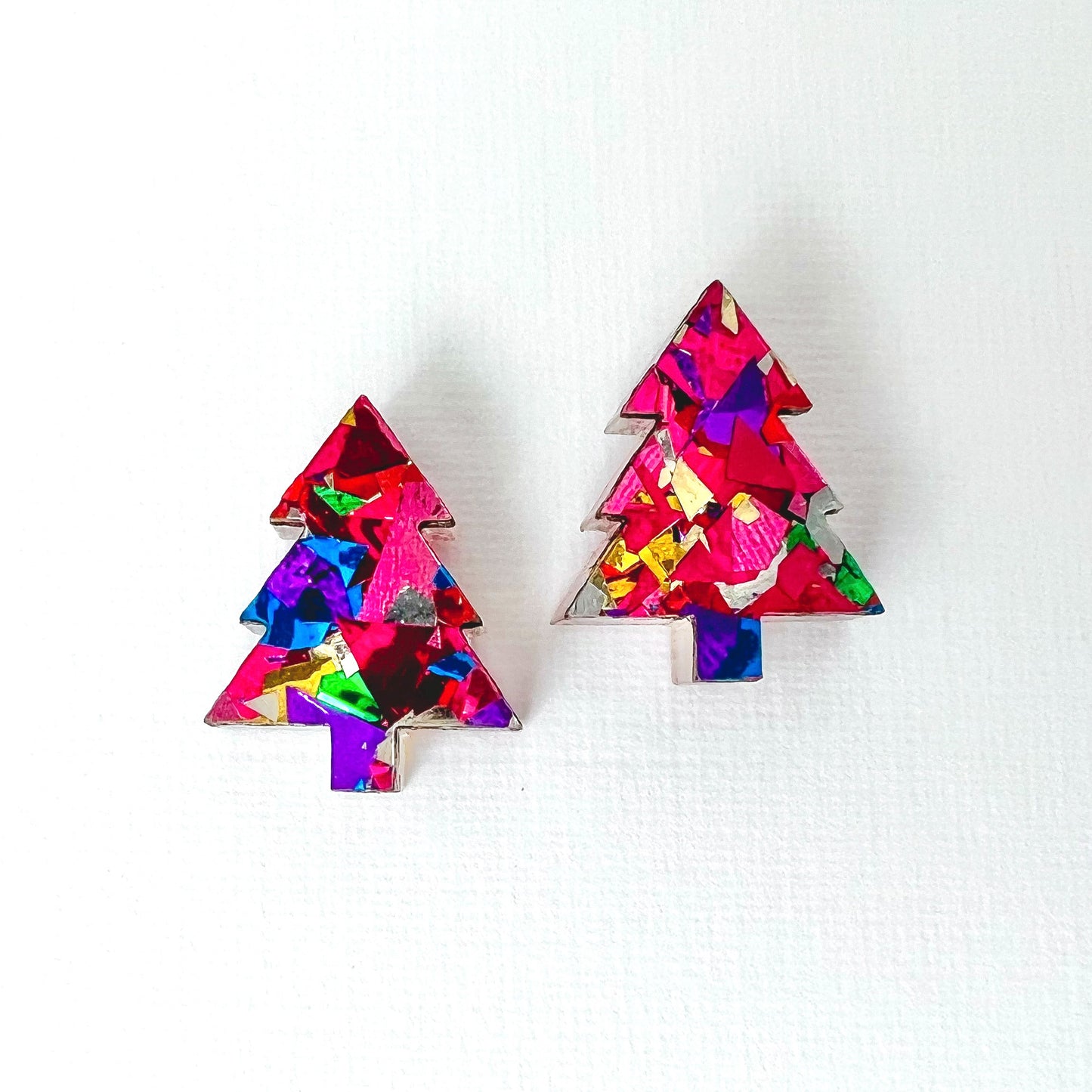 Christmas Tree Stud Earrings - Rainbow Glitter