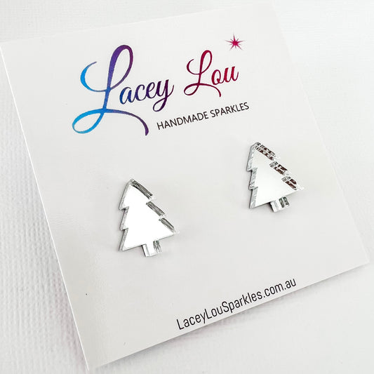 Christmas Tree Stud Earrings - Silver Mirror